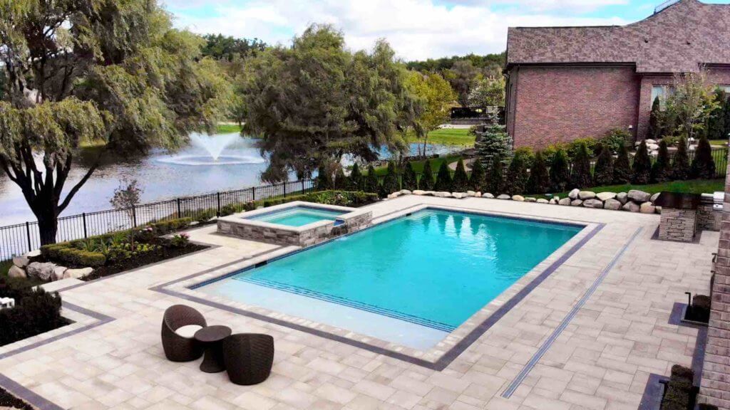 Pool and spa, backyard ideas, patio ideas, paving, pool design