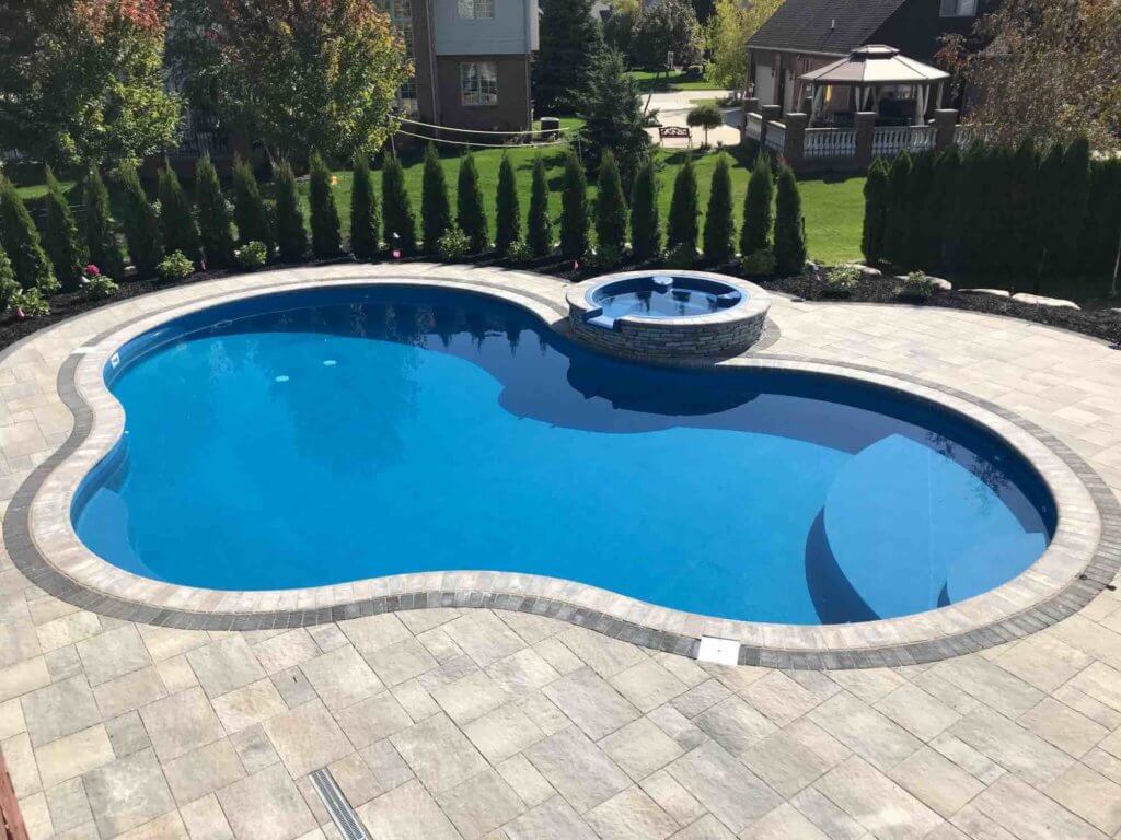 in-ground pool, pool lighting, pool lights, pool inspo, bricks paving, paver patios, pool and spa