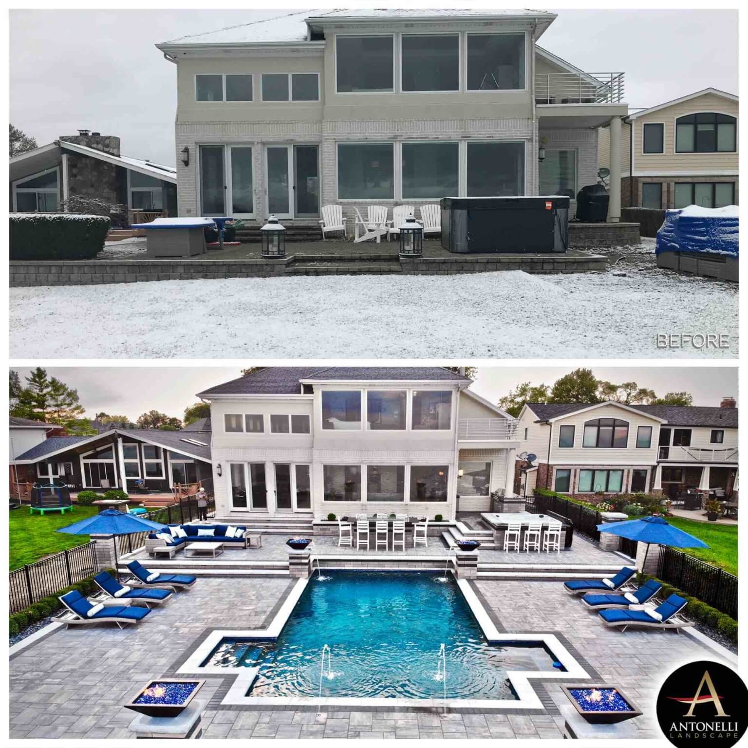 before and after photos of a lakeside pool