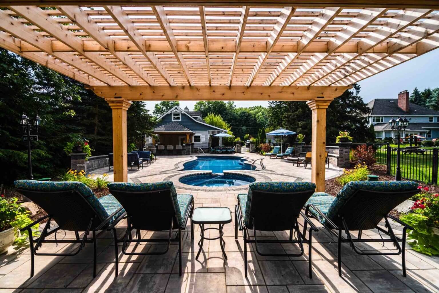 backyard poolside lounge Pergola Designs Outdoor Pergolas Pergola Ideas Custom Pergola Construction Pergola Kits